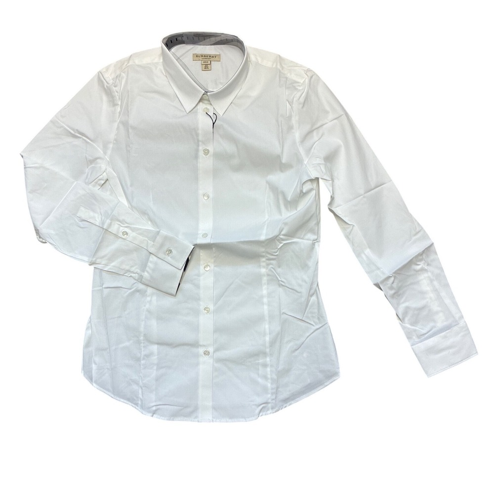 Burberry Shirt Women's 6 White Beat Check Cuff And Collar Button Up Blouse NEW